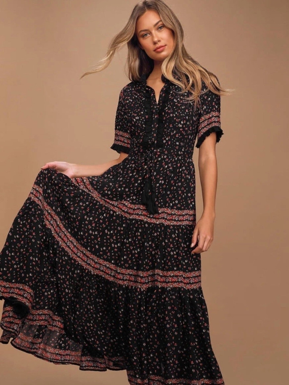 Free People Black Maxi Dress with Pink Floral Border - Picture 5 of 5